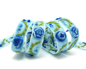 3 Colors|Yarn Flowers Embroidered on Light Blue Velvet Ribbon|Sewing|Quilting|Craft Supplies|Hair Accessories