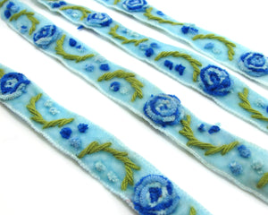 3 Colors|Yarn Flowers Embroidered on Light Blue Velvet Ribbon|Sewing|Quilting|Craft Supplies|Hair Accessories