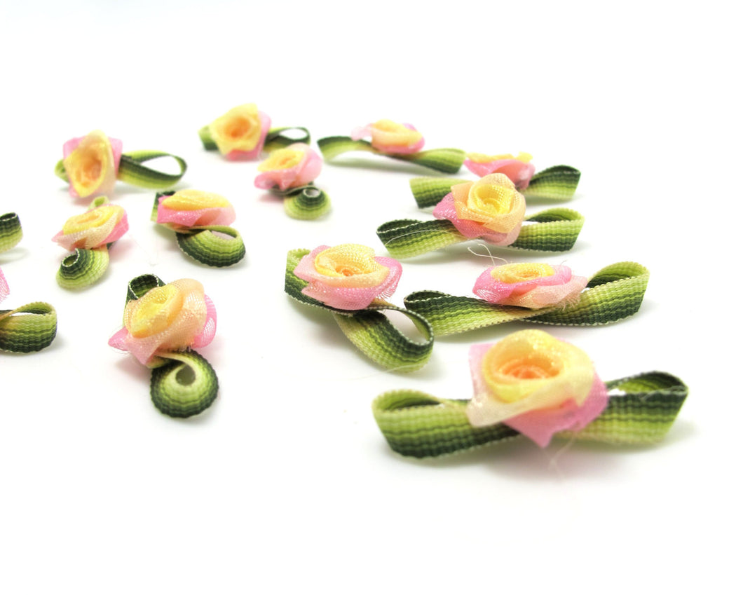 30 Pieces Chiffon Rose Flower Buds with Leaf Loop|Ombre Color|Flower Applique|Fabric Flower|Baby Doll|Craft Bow|Accessories Making