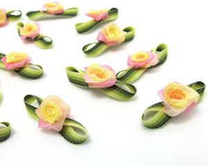 30 Pieces Chiffon Rose Flower Buds with Leaf Loop|Ombre Color|Flower Applique|Fabric Flower|Baby Doll|Craft Bow|Accessories Making