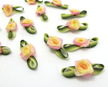 Charger l&#39;image dans la galerie, 30 Pieces Chiffon Rose Flower Buds with Leaf Loop|Ombre Color|Flower Applique|Fabric Flower|Baby Doll|Craft Bow|Accessories Making