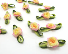 Load image into Gallery viewer, 30 Pieces Chiffon Rose Flower Buds with Leaf Loop|Ombre Color|Flower Applique|Fabric Flower|Baby Doll|Craft Bow|Accessories Making