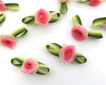 Load image into Gallery viewer, 30 Pieces Chiffon Rose Flower Buds with Leaf Loop|Ombre Color|Flower Applique|Fabric Flower|Baby Doll|Craft Bow|Accessories Making