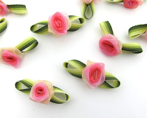 30 Pieces Chiffon Rose Flower Buds with Leaf Loop|Ombre Color|Flower Applique|Fabric Flower|Baby Doll|Craft Bow|Accessories Making