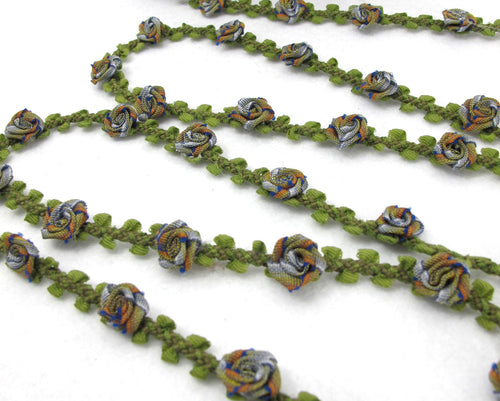 2 Yards Woven Rococo Ribbon Trim with Green Nylon Rose Flower Buds|Decorative Floral Ribbon|Scrapbook Materials|Decor|Craft Supplies