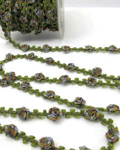 2 Yards Woven Rococo Ribbon Trim with Green Nylon Rose Flower Buds|Decorative Floral Ribbon|Scrapbook Materials|Decor|Craft Supplies