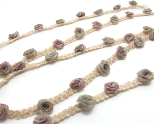 2 Yards Woven Rococo Ribbon Trim with Rose Flower Buds|Decorative Floral Ribbon|Scrapbook Materials|Clothing|Decor|Craft Supplies