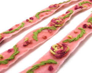 4 Colors|Yarn Flowers Embroidered on Pink Velvet Ribbon|Sewing|Quilting|Craft Supplies|Hair Accessories