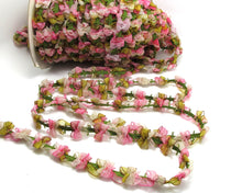Load image into Gallery viewer, 2 Yards Woven Rococo Ribbon Trim with Brown and Pink Chiffon Flower|Decorative Floral Ribbon|Scrapbooking|Clothing|Decor|Craft Supplies