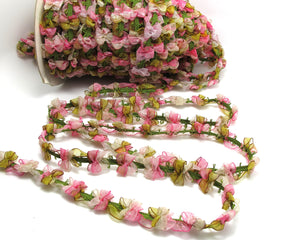 2 Yards Woven Rococo Ribbon Trim with Brown and Pink Chiffon Flower|Decorative Floral Ribbon|Scrapbooking|Clothing|Decor|Craft Supplies