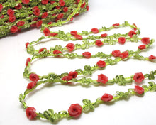 Load image into Gallery viewer, 2 Yards Woven Rococo Ribbon Trim with Red Rose Flower Buds|Decorative Floral Ribbon|Scrapbook Materials|Clothing|Decor|Craft Supplies