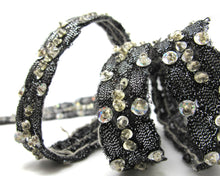 画像をギャラリービューアに読み込む, 9/16 Inch Bead and Sequins Embroidered Shiny Ribbon Trim|Silver and Black|Bra Dress Strap|Embellishment|Clothing Ribbon|Decorative Trim