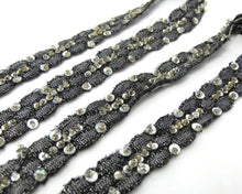 画像をギャラリービューアに読み込む, 9/16 Inch Bead and Sequins Embroidered Shiny Ribbon Trim|Silver and Black|Bra Dress Strap|Embellishment|Clothing Ribbon|Decorative Trim