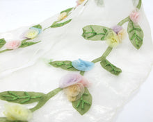 画像をギャラリービューアに読み込む, 2 5/8 Inches Flower Embroidered Chiffon Trim|Embellishment|Flowers and Leaves|Organza Trim|Handmade|White Transparent|Colored Rolled Flowers
