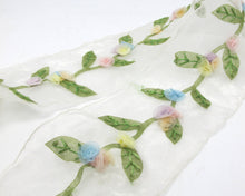 Load image into Gallery viewer, 2 5/8 Inches Flower Embroidered Chiffon Trim|Embellishment|Flowers and Leaves|Organza Trim|Handmade|White Transparent|Colored Rolled Flowers