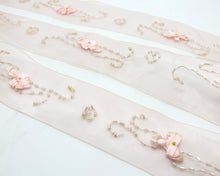 Load image into Gallery viewer, 1 1/2 Inches Pink Embroidered Floral Chiffon Organza Ribbon Trim|Beaded Woven Floral Pattern|Unique|Special|Colorful|Craft Supplies DIY