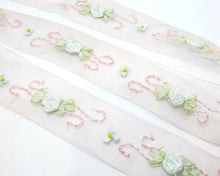 Load image into Gallery viewer, 1 1/2 Inches Pink Embroidered Floral Chiffon Organza Ribbon Trim|Beaded Woven Floral Pattern|Unique|Special|Colorful|Craft Supplies DIY