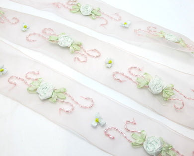 1 1/2 Inches Pink Embroidered Floral Chiffon Organza Ribbon Trim|Beaded Woven Floral Pattern|Unique|Special|Colorful|Craft Supplies DIY