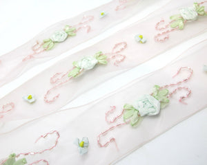 1 1/2 Inches Pink Embroidered Floral Chiffon Organza Ribbon Trim|Beaded Woven Floral Pattern|Unique|Special|Colorful|Craft Supplies DIY