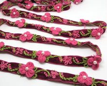 Load image into Gallery viewer, 5/8 Inch Fuchsia Embroidered Velvet Ribbon with Felt Flower|Sewing|Quilting|Jewelry Design|Embellishment|Decorative|Acrylic Felt Flower