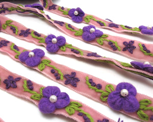 5/8 Inch Purple Embroidered Velvet Ribbon with Felt Flower|Sewing|Quilting|Jewelry Design|Embellishment|Decorative|Acrylic Felt Flower
