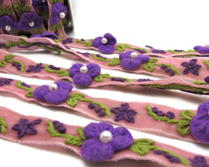 5/8 Inch Purple Embroidered Velvet Ribbon with Felt Flower|Sewing|Quilting|Jewelry Design|Embellishment|Decorative|Acrylic Felt Flower