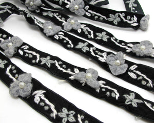 5/8 Inch Black Grey Embroidered Velvet Ribbon with Felt Flower|Sewing|Quilting|Jewelry Design|Embellishment|Decorative|Acrylic Felt Flower
