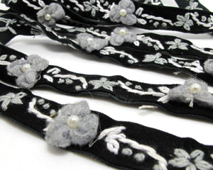 5/8 Inch Black Grey Embroidered Velvet Ribbon with Felt Flower|Sewing|Quilting|Jewelry Design|Embellishment|Decorative|Acrylic Felt Flower