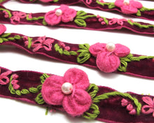 Charger l&#39;image dans la galerie, 5/8 Inch Fuchsia Embroidered Velvet Ribbon with Felt Flower|Sewing|Quilting|Jewelry Design|Embellishment|Decorative|Acrylic Felt Flower