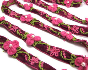 5/8 Inch Fuchsia Embroidered Velvet Ribbon with Felt Flower|Sewing|Quilting|Jewelry Design|Embellishment|Decorative|Acrylic Felt Flower