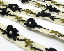 Load image into Gallery viewer, 5/8 Inch Ivory Black Embroidered Velvet Ribbon with Felt Flower|Sewing|Quilting|Jewelry Design|Embellishment|Decorative|Acrylic Felt Flower