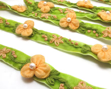 Load image into Gallery viewer, 5/8 Inch Green Beige Embroidered Velvet Ribbon with Felt Flower|Sewing|Quilting|Jewelry Design|Embellishment|Decorative|Acrylic Felt Flower
