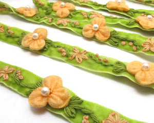 5/8 Inch Green Beige Embroidered Velvet Ribbon with Felt Flower|Sewing|Quilting|Jewelry Design|Embellishment|Decorative|Acrylic Felt Flower