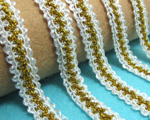 5 Yards 1/2 Inch Gold Glittery & White Lace Gimp Trim|Lace Embellishment|Lace Edging|Doll Trim|Decorative Lace|Scrapbooking Lace