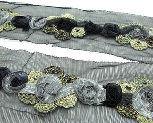 3 1/8 Inches Black&Grey Embroidered Ribbon Trim|Embroidery Trim|Organza Net Trim|Handmade|Craft|Scrapbooking|Wedding Supplies|Shabby Flower