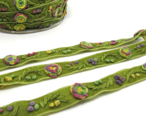 Yarn Flowers Embroidered on Green Velvet Ribbon|Floral Trim|Soft Velvet|Sewing|Quilting|Craft Supplies|Hair Accessories