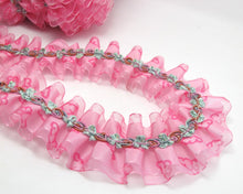 画像をギャラリービューアに読み込む, 1 5/8 Inch Pink Pleated Printed Carrot Pattern Polyester Ribbon with Rosette Trim|Headband Supplies|Hair Embellishment|Decorative Trim