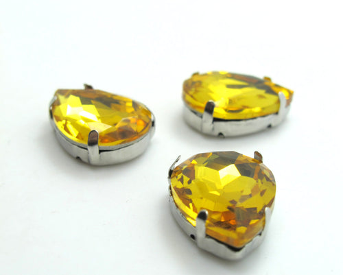 10 Pieces 10x14mm Yellow Tear Drop Sew On Rhinestones|Glass Stones|Metal Claw Clasp|4 Hole Silver Setting|Bead Jewelry Supplies Decor