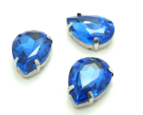 10 Pieces 13x18mm Blue Tear Drop Sew On Rhinestones|Acrylic Stones|Metal Claw Clasp|4 Hole Silver Setting|Bead Jewelry Supplies Decor