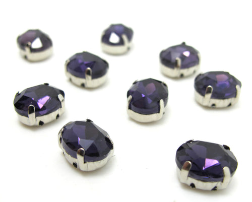 10 Pieces 8x10mm Dark Purple Oval Sew On Rhinestones|Glass Stones|Metal Claw Clasp|4 Hole Silver Setting|Bead Jewelry Supplies Decoration