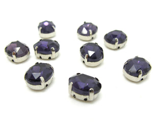 10 Pieces 8x10mm Dark Purple Oval Sew On Rhinestones|Glass Stones|Metal Claw Clasp|4 Hole Silver Setting|Bead Jewelry Supplies Decoration