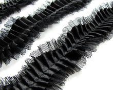 Load image into Gallery viewer, Pleated Trim|Ruffled Ribbon|1 7/16 Inches Pleated Black Satin Trim|Ric Rac Trim|Retro Handmade Supplies|Pillow Case|Hair Supplies