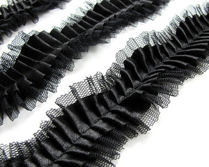Pleated Trim|Ruffled Ribbon|1 7/16 Inches Pleated Black Satin Trim|Ric Rac Trim|Retro Handmade Supplies|Pillow Case|Hair Supplies
