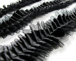 Pleated Trim|Ruffled Ribbon|1 7/16 Inches Pleated Black Satin Trim|Ric Rac Trim|Retro Handmade Supplies|Pillow Case|Hair Supplies