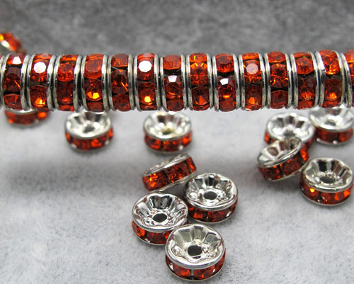 25 Pieces 8mm Rhinestone Rondelles|Silver & Orange|Spacer Beads|Beading Supplies|Jewelry Findings|Wavy Beads|Bead Findings|Rondelle Beads