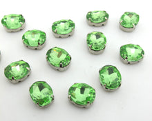 Load image into Gallery viewer, 10 Pieces 8x10mm Green Oval Sew On Rhinestones|Glass Stones|Metal Claw Clasp|4 Hole Silver Setting|Bead Jewelry Supplies Decoration