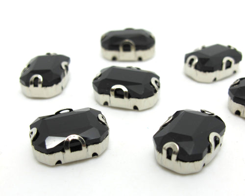 10 Pieces 10x14mm Octagon Black Sew On Rhinestones|Glass Stones|Metal Claw Clasp|4 Hole Silver Setting|Bead Jewelry Supplies Decoration