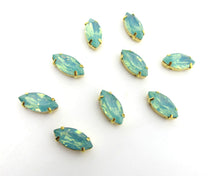 Load image into Gallery viewer, 10 Pieces 7x15mm Opal Green Navette Sew On Rhinestones|Glass Stones|Metal Claw Clasp|4 Hole Gold Setting|Bead Jewelry Supplies Decoration