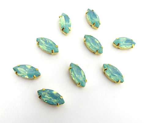 10 Pieces 7x15mm Opal Green Navette Sew On Rhinestones|Glass Stones|Metal Claw Clasp|4 Hole Gold Setting|Bead Jewelry Supplies Decoration