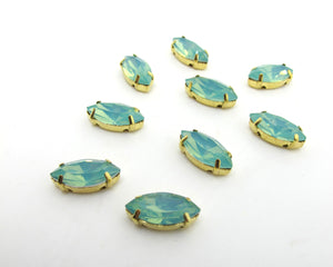 10 Pieces 7x15mm Opal Green Navette Sew On Rhinestones|Glass Stones|Metal Claw Clasp|4 Hole Gold Setting|Bead Jewelry Supplies Decoration